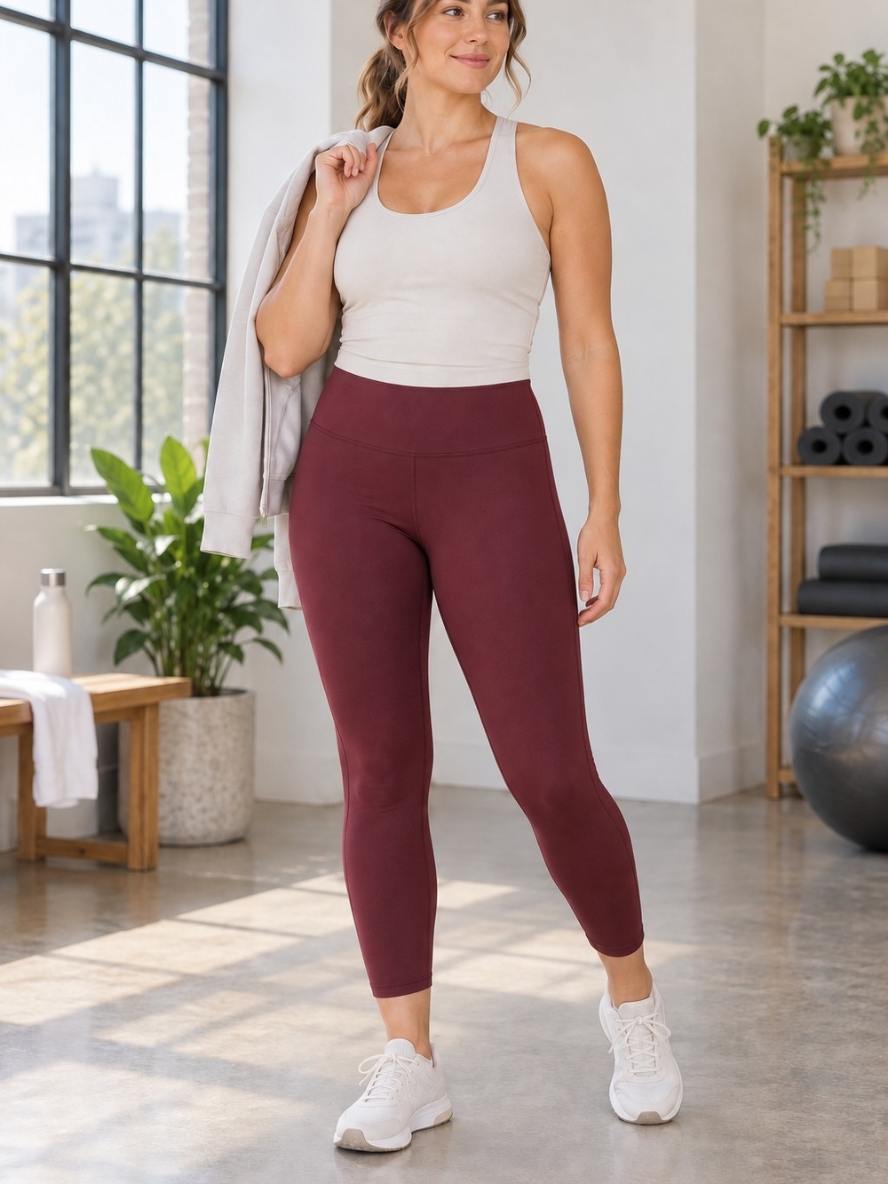 Athletic Leggings Mid Rise 7/8 Burgundy Inside Pocket Athleisure Activewear Spor
